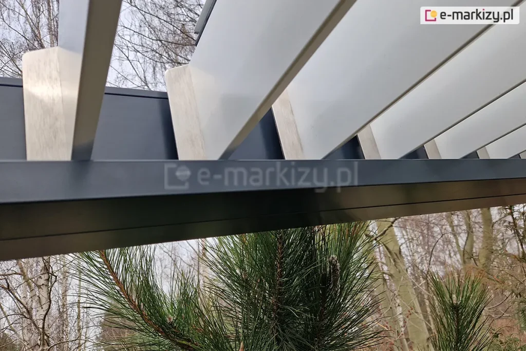 Zbliżenie na mechanizm mocowania lameli w aluminiowej pergoli tarasowej Sb350 Aluprof. Zdjęcie przedstawia punkt styku białych, ruchomych lameli z ciemnoantracytową ramą konstrukcyjną. Widoczne są srebrne, metalowe zakończenia lameli, które są precyzyjnie osadzone w prowadnicy ramy, umożliwiając ich obrót. Lamele są ustawione w pozycji otwartej. W dolnej części kadru widoczne są igły zielonej sosny, a w tle rozmyty zarys bezlistnych drzew liściastych na tle jasnego nieba. Fotografia detalu ukazuje wysoką jakość wykończenia i dopasowania elementów konstrukcyjnych pergoli bioklimatycznej.