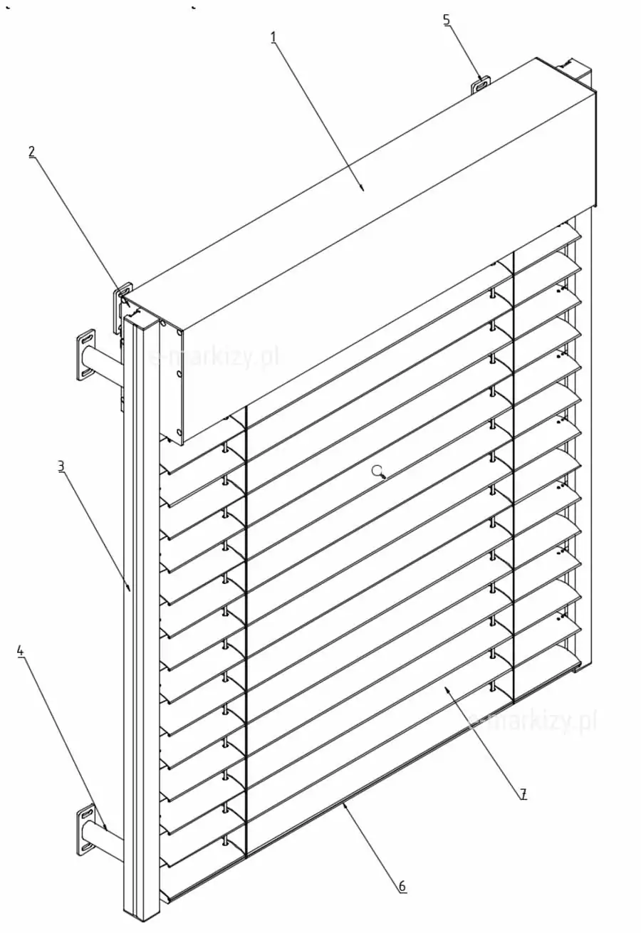 Rysunek techniczny w rzucie aksonometrycznym przedstawia szczegółową budowę żaluzji fasadowej C80 Cube wraz z systemem numeracji jej kluczowych komponentów. Głównym elementem konstrukcyjnym oznaczonym numerem 1 jest górna osłona (kaseta) o geometrycznym, prostokątnym kształcie, która chroni mechanizm sterujący. Numer 2 wskazuje na boczną pokrywę kasety, stanowiącą zakończenie profilu osłonowego. Pionowy element oznaczony cyfrą 3 to aluminiowa prowadnica boczna, która odpowiada za stabilne prowadzenie lameli w płaszczyźnie pionowej. System montażowy został zilustrowany za pomocą wsporników: numerem 4 oznaczono dolny uchwyt dystansowy prowadnicy mocowany do elewacji, natomiast numer 5 wskazuje na górny uchwyt montażowy stabilizujący kasetę. Część roboczą żaluzji tworzą lamele o profilu C, oznaczone numerem 7, które są połączone tekstylnymi drabinkami i taśmami. Całość konstrukcji zamyka od dołu listwa dolna (numer 6), pełniąca funkcję obciążnika zapewniającego właściwe napięcie całego systemu osłonowego. Grafika wykonana jest w formie czarnego rysunku liniowego, co pozwala na precyzyjne odczytanie wzajemnych relacji między poszczególnymi elementami składowymi żaluzji zewnętrznej.