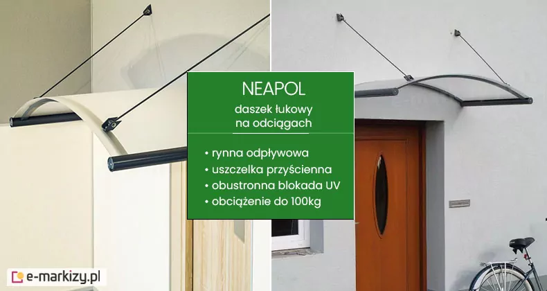 Zdjęcie prezentuje nowoczesny daszek naddrzwiowy model Neapol o charakterystycznej łukowej formie, ukazany w dwóch ujęciach oraz opatrzony opisem technicznym. Głównym elementem konstrukcyjnym jest płyta akrylowa PMMA, która w lewej części grafiki posiada wykończenie satynowe, a w prawej wersji jest całkowicie przezroczysta. Płyta jest wygięta w regularny łuk, co zapewnia efektywne odprowadzanie wody deszczowej oraz śniegu. Całość opiera się na ciemnych, antracytowych profilach aluminiowych oraz systemie stalowych odciągów. Każdy daszek wyposażony jest w dwa cienkie cięgna mocowane do ściany za pomocą trójkątnych uchwytów, które stabilizują przednią krawędź konstrukcji. Na froncie znajduje się zintegrowana rynna odpływowa o okrągłym przekroju, zakończona estetycznymi zaślepkami, która kieruje wodę na boki. Przy ścianie zastosowano profil z uszczelką przyścienną, chroniącą elewację przed zaciekami. Środkowa część grafiki zawiera zieloną planszę z białymi napisami informującymi o kluczowych parametrach produktu: obecności rynny odpływowej, uszczelki przyściennej, obustronnej blokady UV oraz maksymalnym obciążeniu do 100 kg. Prawy kadr pokazuje daszek zamontowany nad brązowymi drzwiami wejściowymi w realnej aranżacji budynku, podkreślając jego funkcjonalność i minimalistyczny design.