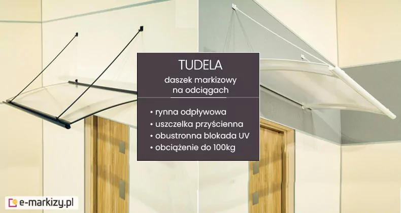 Grafika produktowa przedstawiająca daszek markizowy na odciągach model Tudela w dwóch wersjach kolorystycznych, przeznaczony do standardowych otworów drzwiowych. Na lewym zdjęciu zaprezentowano wariant z czarnymi profilami i dwoma punktami mocowania, osłaniający drewniane drzwi na tle nowoczesnej elewacji. Prawe zdjęcie ukazuje wersję w kolorze białym, zamontowaną nad podobnym wejściem, co podkreśla możliwość dopasowania produktu do jasnej kolorystyki budynku. Centralna, ciemnofioletowa plansza zawiera kluczowe parametry techniczne: zintegrowaną rynnę odpływową, uszczelkę przyścienną zapewniającą szczelność, obustronną blokadę UV chroniącą materiał oraz wysoką nośność do 100 kg. Konstrukcja z przezroczystego poliwęglanu o delikatnie wygiętym profilu łączy w sobie elegancję z wysoką funkcjonalnością, stanowiąc trwałą barierę przed deszczem i śniegiem.