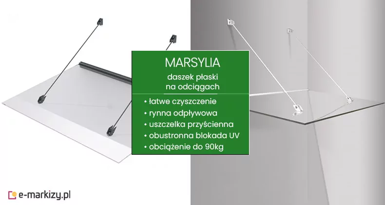 Grafika informacyjna prezentująca daszek płaski na odciągach model Marsylia w dwóch wariantach kolorystycznych. Centralną część obrazu zajmuje zielona plansza z białymi napisami, zawierająca nazwę modelu oraz listę kluczowych cech użytkowych: łatwe czyszczenie, rynna odpływowa, uszczelka przyścienna, obustronna blokada UV oraz informacja o obciążeniu do 90 kg. Po lewej stronie planszy przedstawiono daszek z transparentną płytą oraz kontrastującym czarnym osprzętem, obejmującym czarne cięgna, czarne uchwyty ścienne oraz czarny profil przyścienny. Po prawej stronie widnieje ten sam model daszka w wersji białej, gdzie odciągi, mocowania punktowe oraz profil przylegający do ściany wykonane są z jasnego, lakierowanego metalu. Oba warianty posiadają prostokątną, idealnie płaską taflę wypełnienia, która jest podwieszona pod kątem za pomocą dwóch smukłych ramion mocowanych do elewacji. Tło prezentacji jest podzielone na czystą biel po lewej stronie oraz delikatny, szary gradient po stronie prawej, co podkreśla detale obu wersji kolorystycznych osprzętu.