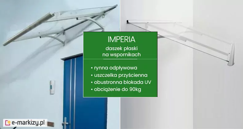 Grafika promocyjna przedstawia model Imperia, opisany jako daszek płaski na wspornikach. Centralną część zajmuje zielona tablica informacyjna z białą listą parametrów technicznych: rynna odpływowa, uszczelka przyścienna, obustronna blokada UV oraz wytrzymałość na obciążenie do 90 kg. Po lewej stronie tablicy widoczna jest wizualizacja daszka zamontowanego nad niebieskimi drzwiami wejściowymi. Konstrukcja opiera się na dwóch srebrnych, łukowato wygiętych wspornikach, które podtrzymują płaską, transparentną płytę z poliwęglanu. Po prawej stronie zaprezentowano ten sam model w wersji całkowicie białej, zamontowany na białej ścianie, co podkreśla jego minimalistyczny i lekki design. Przednia krawędź zadaszenia wykończona jest wyraźnie zaznaczoną rynienką odpływową o profilu okrągłym, a tylna część przylega do elewacji za pomocą profilu z uszczelką.