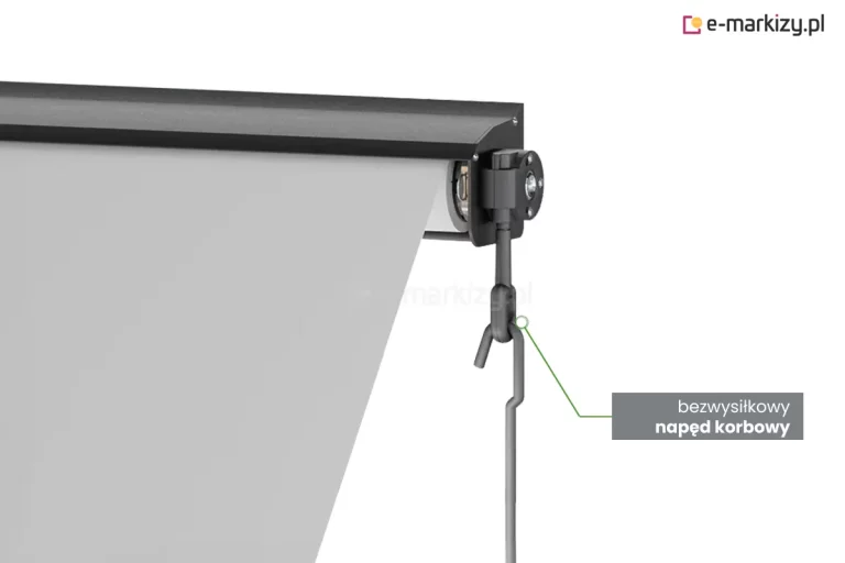 Prawy bok markizy Italia w kasecie z widoczną pod grafitową kasetą rurą nawojową z lekko rozwiniętym białym poszyciem. Do prawego boku markizy przymocowana przekładnia korbowa z zaczepioną o nią korbą do sterowania ręcznego. Od zaczepu przekładni oznaczonego okrągłym znacznikiem poprowadzono zieloną kreskę do umieszczonego na szarym tle napisu "bezwysiłkowy napęd korbowy".