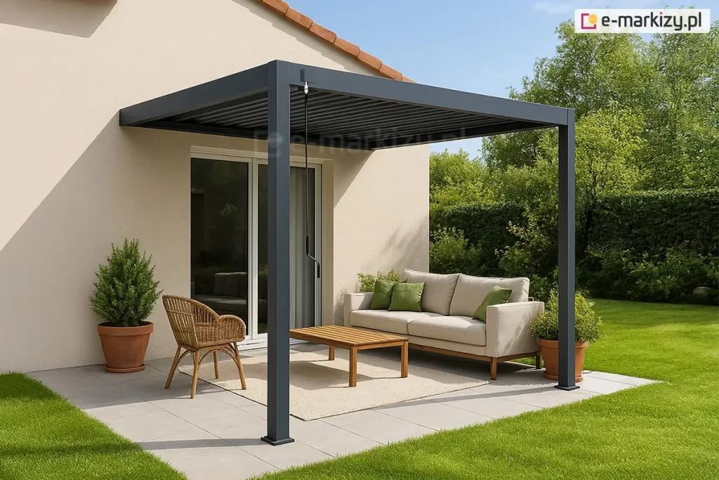 Nowoczesna pergola lamelowa Marlo w kolorze antracytowym, zamontowana w sposób przyścienny na jasnym tarasie. Konstrukcja zadaszenia wspiera się na dwóch pionowych słupach o kwadratowym przekroju, a jej tylna część jest przymocowana do beżowej elewacji budynku jednorodzinnego. Z lewej strony ramy widoczna jest czarna korba służąca do manualnej regulacji kąta nachylenia lameli dachowych, które są obecnie ustawione w pozycji zamkniętej. Pod pergolą wyznaczono strefę relaksu z beżową sofą ozdobioną zielonymi poduszkami, plecionym fotelem oraz niskim drewnianym stolikiem kawowym ustawionym na jasnym dywanie zewnętrznym. Nawierzchnia tarasu wykonana jest z dużych, jasnoszarych płyt betonowych, które graniczą z intensywnie zielonym, zadbanym trawnikiem. W terakotowej donicy po lewej stronie rośnie krzew ozdobny, a tło wypełnia gęsta ściana wysokich drzew i krzewów pod czystym, błękitnym niebem. Na elewacji domu widoczny jest wyraźny cień rzucany przez dach pergoli, co wskazuje na silne nasłonecznienie.