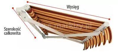markiza Piano MOL pomiar szerokości i wysięgu przedstawiony na przykładzie rozwiniętej częściowo osłony z białą konstrukcją oraz poszyciem w żółto-czerwone pasy i falowaną falbanką ukazaną na białym tle. Po lewej stronie, pomiędzy skrajami bocznych zaślepek markizy poprowadzono czerwoną linię zakończoną czerwonymi kropkami, a obok niej umieszczono napis "szerokość całkowita". Ponad markiza od zewnętrznego kraju rury nawojowej do skraju belki przedniej markizy poprowadzono czerwoną linię zaznaczoną na końcach kropkami, a nad nią zamieszczono napis "wysięg".