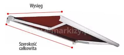 Markiza Presto Plus MOL pomiar szerokości i wysięgu ukazany na przykładzie rozwiniętej markizy o białej konstrukcji i czerwonym poszyciu zamieszczonej na białym tle. Pod markizą, pomiędzy skrajami mocowań ściennych zamieszczono czerwoną linię z dwoma punktorami na jej końcach, a pod nią napis "szerokość całkowita". Ponad markizą nad jej poszyciem, od skraju mocowania ściennego i skraju belki przedniej umieszczono czerwoną kreskę z dwoma punktami na jej końcach oraz napisem powyżej "wysięg".