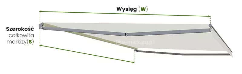 Markiza Vivo MOL pomiar szerokości całkowitej (S) oraz wysięgu (W) oznaczony na rozwiniętej markizie strzałkami dwukierunkowymi w zielonym kolorze umieszczone na białym tle