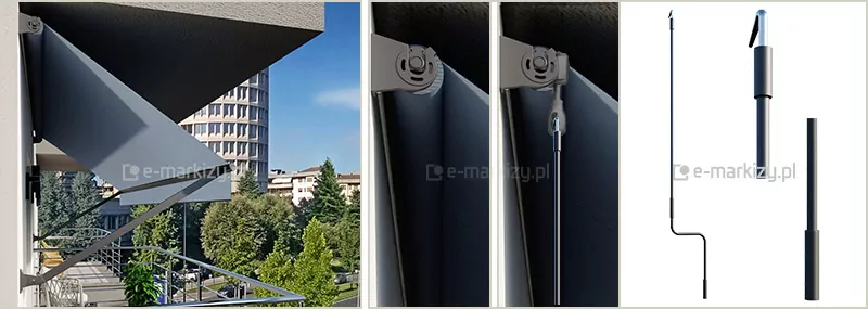 Zdjęcie typu zestawienie trzech obrazów prezentujące techniczną specyfikację markizy balkonowej typu Italia oraz mechanizm jej manualnego sterowania przy pomocy korby. Pierwszy fragment po lewej stronie przedstawia markizę zamontowaną na elewacji budynku, w pozycji częściowo rozwiniętej, gdzie szary materiał poszycia tworzy zadaszenie nad balkonem, wsparte na wysięgnikach przymocowanych do sciany, z widocznym w tle miejskim krajobrazem obejmującym wysoki budynek o cylindrycznej bryle oraz zieleń drzew. Środkowa część kompozycji ukazuje w zbliżeniu montażowy detal techniczny, a mianowicie uchwyt ścienny wraz z przekładnią, do której mocowany jest drążek sterowniczy, przy czym lewy kadr pokazuje sam mechanizm bez narzędzia, a prawy kadr prezentuje stan, w którym metalowy hak korby jest już wpięty w zaczep przekładni, co umożliwia płynne rozwijanie i zwijanie markizy. Ostatni segment po prawej stronie zawiera odizolowane na białym tle elementy systemu sterowania, w tym pełną sylwetkę długiej korby z charakterystycznym zagięciem w dolnej części służącym jako uchwyt, oraz zbliżenie na górną końcówkę w kształcie haka, która służy do połączenia z przekładnią zamontowaną przy markizie, co ilustruje przejrzystą zasadę działania manualnego napędu urządzenia.