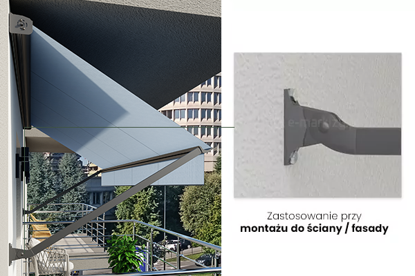 Grafika o charakterze technicznym i informacyjnym przedstawia sposób montażu markizy balkonowej Italia bezpośrednio do elewacji budynku. Po lewej stronie widoczne jest zdjęcie poglądowe balkonu w nowoczesnym budynku wielorodzinnym. Na balkonie zamontowana jest markiza o jasnoszarym, gładkim poszyciu, która jest częściowo rozwinięta. Jej konstrukcja opiera się na dwóch prostych ramionach w kolorze ciemnografitowym, zamocowanych do ściany fasadowej. Balustrada balkonu wykonana jest z polerowanej stali nierdzewnej z poziomymi szczeblami, a w narożniku ustawiono zieloną roślinę w donicy oraz ażurowy fotel. W tle widoczny jest fragment innego nowoczesnego biurowca o zaokrąglonej bryle oraz zielone korony drzew. Po prawej stronie znajduje się powiększony detal techniczny wyodrębniony w ramce, pokazujący zbliżenie na element mocujący ramię markizy. Jest to metalowy wspornik w kolorze ciemnoszarym, przykręcony płasko do otynkowanej, białej ściany za pomocą dwóch śrub z podkładkami. Od wspornika odchodzi ruchome ramię markizy połączone sworzniem, co pozwala na zmianę kąta nachylenia osłony. Pod grafiką szczegółową widnieje podpis wykonany czarną czcionką: „Zastosowanie przy montażu do ściany / fasady”. Całość przejrzyście ilustruje wariant instalacji czołowej systemu osłonowego.