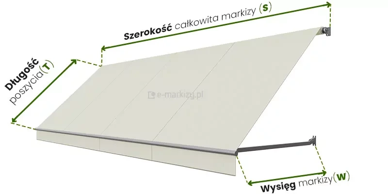 Markiza balkonowo sklepowa Italia pomiar prezentuje osłonę bez kasety przedstawioną pod kątem na białym tle z ukazaniem jej najważniejszych wymiarów. Po lewej stronie wzdłuż jasnoszarej tkaniny poszycia zielona dwukierunkowa strzałka, nad którą umieszczono napis "długość poszycia (T)". U góry, ponad rurą nawojową od kraju mocowania do skraju mocowania zielona dwukierunkowa strzałka, nad którą umieszczono napis "szerokość całkowita markizy (s)". Po prawej wzdłuż ramienia markizy z mocowaniem do ściany umieszczono zieloną dwukierunkową strzałkę, a pod nią napis "wysięg markizy (w)".