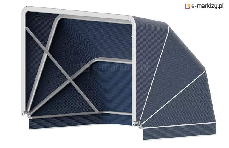 Wizualizacja 3D markizy koszowej prostej w kolorze granatowym, ukazująca konstrukcję od strony wewnętrznej i bocznej. Widoczny stelaż wykonany z jasnych, aluminiowych profili, w tym poprzeczne wzmocnienie w kształcie litery X na tylnej ścianie oraz ramy kształtujące segmenty czaszy. Poszycie posiada wyraźną strukturę materiału z białymi lamówkami na zewnętrznych krawędziach zgięć. Markiza przedstawiona jest w rzucie, który pokazuje zarówno pustą przestrzeń montażową, jak i zewnętrzny, schodkowy kształt poszycia.