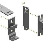 Rysunek techniczny przedstawiający dwa rodzaje metalowych uchwytów montażowych w kolorze szarym, oznaczone numerami 1 i 2 w zielonych okręgach. Element nr 1 pokazuje zestaw składający się z szerokiego profilu w kształcie litery „U” z otworami montażowymi oraz dopasowanego do niego pionowego wspornika z hakiem. Element nr 2 przedstawia pionowy kątownik z dwoma otworami oraz modułowy uchwyt przegubowy z widocznym miejscem na trzpień lub śrubę. Na schemacie zaznaczono zielonymi liniami przerywanymi osie montażu i punkty styku poszczególnych części, co obrazuje sposób składania komponentów.
