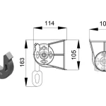 Rysunek techniczny i wizualizacja 3D uniwersalnego uchwytu mocującego rurę nawojową markizy Italia. Grafika składa się z trzech części prezentujących komponent z różnych perspektyw: Po lewej: Izometryczny model 3D ciemnoszarego uchwytu w kształcie litery „U” z widocznymi otworami montażowymi w tylnej części podstawy, służącymi do przykręcenia elementu do ściany lub sufitu. W środku: Schematyczny widok z boku (profil) z naniesionymi wymiarami w milimetrach. Szerokość całkowita uchwytu wynosi 114 mm, wysokość korpusu to 105 mm, natomiast całkowita wysokość wraz z uchem przekładni korbowej wynosi 163 mm. Po prawej: Schematyczny widok z przodu uchwytu. Podstawa montażowa ma szerokość 105 mm, a wysokość od osi obrotu rury nawojowej do górnej krawędzi wspornika wynosi 114 mm. Rysunek jest wykonany w czarno-białej stylistyce technicznej na białym tle, z wyraźnymi liniami pomocniczymi i strzałkami wymiarowymi, co pozwala na precyzyjne zaplanowanie miejsca montażu markizy.
