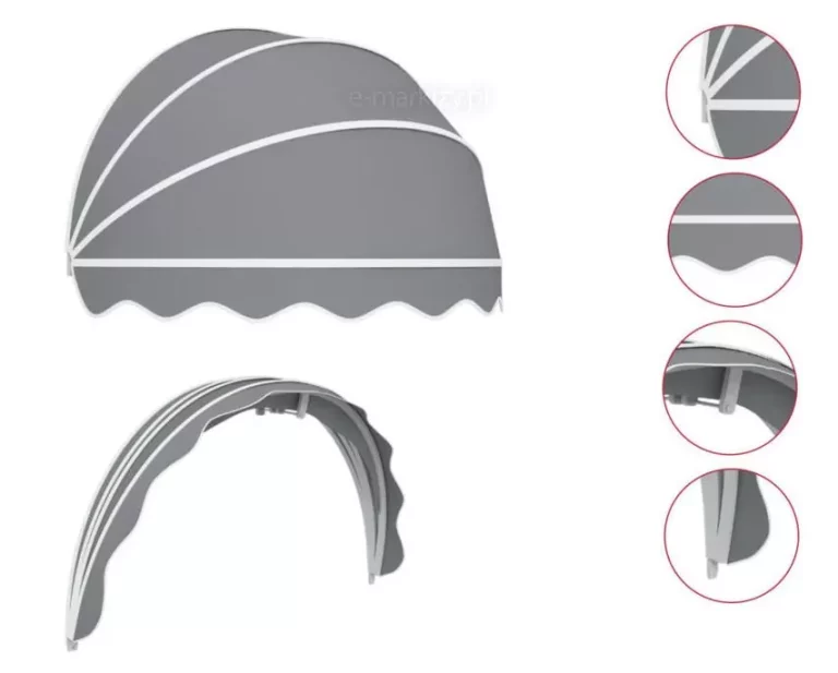 Grafika techniczna prezentuje parametry budowy oraz detale wykończeniowe produktu, jakim jest markiza koszowa półokrągła, przedstawiona na białym tle. W lewej części obrazu znajdują się dwie główne wizualizacje: górna ukazuje rozłożoną markizę o klasycznym, kopułowym kształcie z szarym poszyciem i białą lamówką oraz ozdobną falbaną, natomiast dolna prezentuje aluminiowy stelaż od wewnątrz, obrazując system ruchomych profili tworzących łuk. Po prawej stronie umieszczono cztery okrągłe zbliżenia detali, które kolejno pokazują: miejsce zbiegu wszystkich profili przy zawiasie bocznym, sposób łączenia tkaniny z profilem aluminiowym, wewnętrzny mechanizm blokujący ramiona oraz estetyczne zakończenie dolnej krawędzi materiału. Każdy element konstrukcyjny został zaprojektowany tak, aby zapewnić sztywność formy przy zachowaniu lekkości wizualnej, co jest charakterystyczne dla osłon okiennych i wejściowych w tym fasonie.