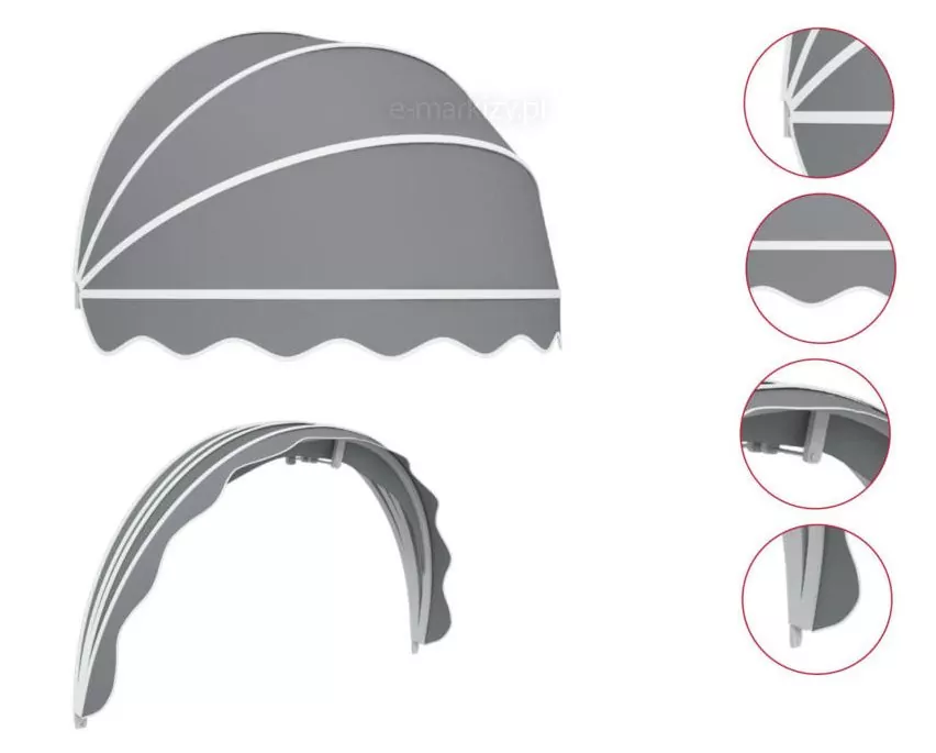 Grafika techniczna prezentuje parametry budowy oraz detale wykończeniowe produktu, jakim jest markiza koszowa półokrągła, przedstawiona na białym tle. W lewej części obrazu znajdują się dwie główne wizualizacje: górna ukazuje rozłożoną markizę o klasycznym, kopułowym kształcie z szarym poszyciem i białą lamówką oraz ozdobną falbaną, natomiast dolna prezentuje aluminiowy stelaż od wewnątrz, obrazując system ruchomych profili tworzących łuk. Po prawej stronie umieszczono cztery okrągłe zbliżenia detali, które kolejno pokazują: miejsce zbiegu wszystkich profili przy zawiasie bocznym, sposób łączenia tkaniny z profilem aluminiowym, wewnętrzny mechanizm blokujący ramiona oraz estetyczne zakończenie dolnej krawędzi materiału. Każdy element konstrukcyjny został zaprojektowany tak, aby zapewnić sztywność formy przy zachowaniu lekkości wizualnej, co jest charakterystyczne dla osłon okiennych i wejściowych w tym fasonie.