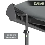 Wizualizacja na białym tle przedstawiająca sposób umocowania podpory teleskopowej Standard w markizie Dakar Aluprof o konstrukcji w kolorze srebrzysty grafit. Na podporze umieszczono biały okrągły znacznik w zielonej obwódce, który zieloną kreską odnosi się do napisu na szarym tle "podpora Standard", w prawym górnym rogu na czarnym tle umieszczono napis "DAKAR"