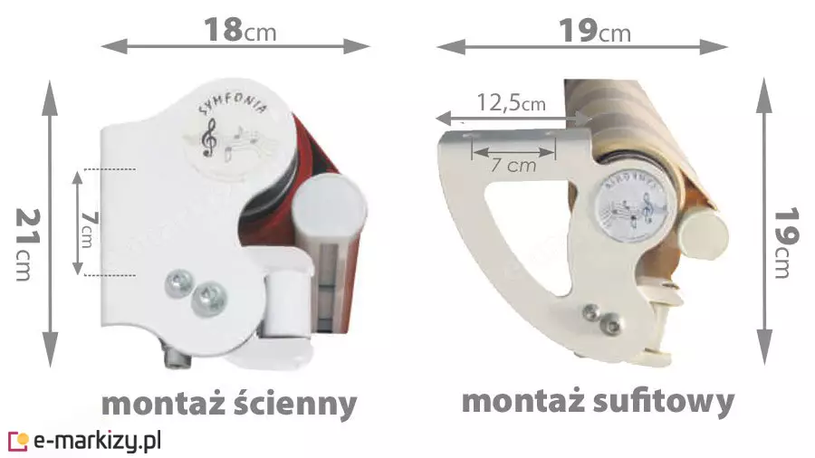 Wymiary kasety markizy Vivo MOL w zależności od sposobu montażu, po lewej nad napisem "montaż ścienny" widoczna od boku osłona z wymiarami oznaczonymi strzałkami dwukierunkowymi, na wysokości "21 cm", rozstaw mocowań "7 cm", szerokość "18 cm", po prawej nad napisem "montaż sufitowy" widoczna od boku osłona z wymiarami oznaczonymi strzałkami dwukierunkowymi, na wysokości "19 cm", na szerokości "19 cm", długość uchwytu "12 cm" oraz rozstaw mocowań "7 cm". Zdjęcie prezentuje montaż markizy Vivo MOL w wersji ściennej oraz sufitowej.