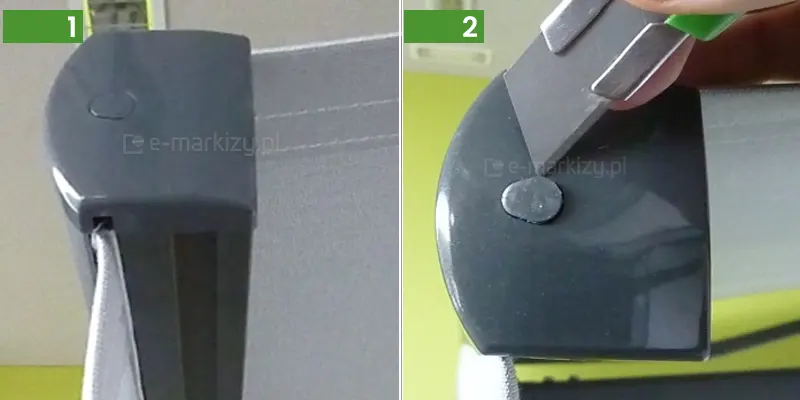 Instrukcja montażu podpór do markiz Plus marki Aluprof krok po kroku, obejmująca dwa pierwsze kroki mocowania. Po lewej widoczna od boku belka przednia markizy z widoczną grafitową zaślepką z PCV oraz jasnym poszyciem. W lewym górnym rogu zamieszczono zielony prostokąt z wpisaną w niego cyfrą "1" wyjustowaną do prawej krawędzi. Po prawej pokazano demontaż plastikowej zaślepki belki przedniej za pomocą nożyka do tapet. W lewym górnym rogu zielony prostokąt z przysuniętą do prawej krawędzi liczą "2" wewnątrz, liczba w kolorze białym.