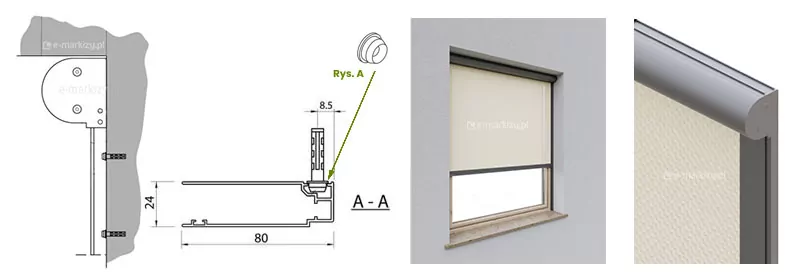 Grafika techniczna podzielona na cztery panele, prezentująca parametry szerokiej prowadnicy dystansowej systemu refleksol 90 Selt na białym tle. Pierwsza sekcja od lewej to schematyczny przekrój boczny montażu wnękowego, gdzie zaokrąglona kaseta przylega do nadproża, a prowadnica boczna jest odsunięta od ściany i zamocowana za pomocą dwóch śrub montażowych. Drugi panel zawiera rysunek techniczny profilu prowadnicy o znacznym wysięgu, o wymiarach 80 mm szerokości oraz 24 mm głębokości. Na rysunku oznaczonym jako przekrój A-A wskazano miejsce osadzenia śruby o średnicy łba 8,5 mm, a zielona linia z opisem Rys. A kieruje do wizualizacji okrągłego klipa mocującego. Trzecia sekcja to wizualizacja 3D fragmentu jasnej elewacji z oknem, w którym zainstalowano roletę z jasnokremową tkaniną rozwiniętą do połowy wysokości w ciemnoszarych profilach. Ostatni panel po prawej stronie to zbliżenie na górny narożnik systemu, pokazujące punkt styku zaokrąglonej kasety z szeroką prowadnicą boczną oraz porowatą strukturę materiału osłonowego.