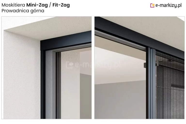 Grafika produktowa przedstawia detale konstrukcyjne górnej części systemu ochrony przed owadami, opisanego w lewym górnym rogu jako Moskitiera Mini-Zag / Fit-Zag, Prowadnica górna. Obraz jest podzielony na dwa pionowe kadry prezentujące produkt w warunkach rzeczywistego montażu. Lewy kadr pokazuje zbliżenie na narożnik wnęki okiennej w białej, otynkowanej elewacji. Widoczna jest czarna, matowa prowadnica górna zamontowana poziomo pod nadprożem, która styka się z pionowym profilem bocznym w tym samym kolorze. Wewnątrz ramy widoczna jest szara stolarka okienna. Prawy kadr prezentuje szerszą perspektywę tego samego systemu z częściowo zaciągniętą moskitierą. Czarny profil przesuwny trzyma gęstą, czarną siatkę o strukturze plisowanej, która porusza się wewnątrz górnej prowadnicy. Tło stanowi jasne wnętrze pomieszczenia widoczne przez szybę oraz fragment białej elewacji zewnętrznej. Zdjęcie w sposób techniczny obrazuje minimalistyczny wygląd profili oraz precyzję prowadzenia siatki w górnej szynie systemu moskitiera fit-zag.