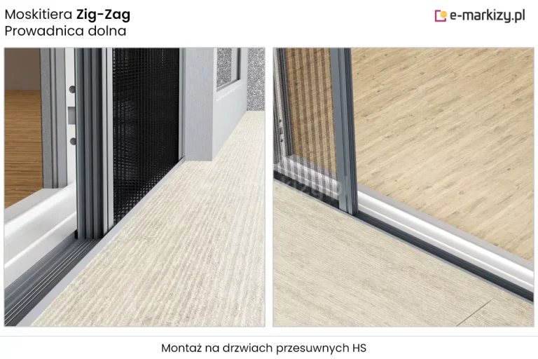 Zbliżenie montażu moskitiery plisowanej Zig Zag w ramie okna HS, w prowadnicy o antracytowym kolorze widoczne sznurki do sterowania zwijaniem i rozwijaniem siatki. Za otwartym oknem widoczna drewniana podłoga, moskitiera ustawiona na podłodze tarasu z płyt gresowych. W dolnej części napis "montaż na drzwiach przesuwnych HS".