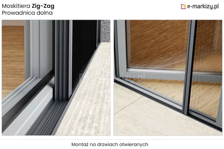 Moskitiera plisowana Zig-Zag do okna balkonowego ze zbliżeniem prowadnicy dolnej, w której ukryty został system sznurków do otwierania i zamykania siatki. W tle widoczne otwarte okno balkonowe i podłoga z drewnianych paneli.