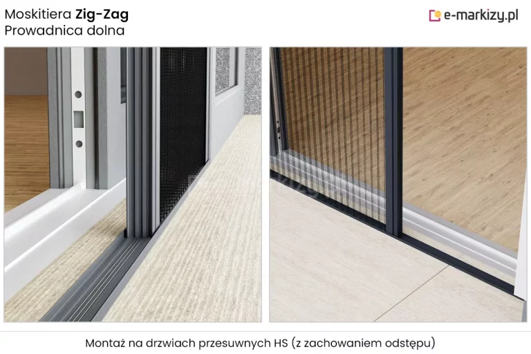 Zbliżenie prowadnicy dolnej moskitiery plisowanej Zig Zag przedstawione w dwóch ujęciach, prezentujących mocowanie moskitiery do okna tarasowego HS z zachowaniem odstępu od ramy okna. W górnej części napis "Moskitiera Zig-Zag prowadnica dolna", na dole napis "montaż na drzwiach przesuwnych HS (z zachowaniem odstępu)".