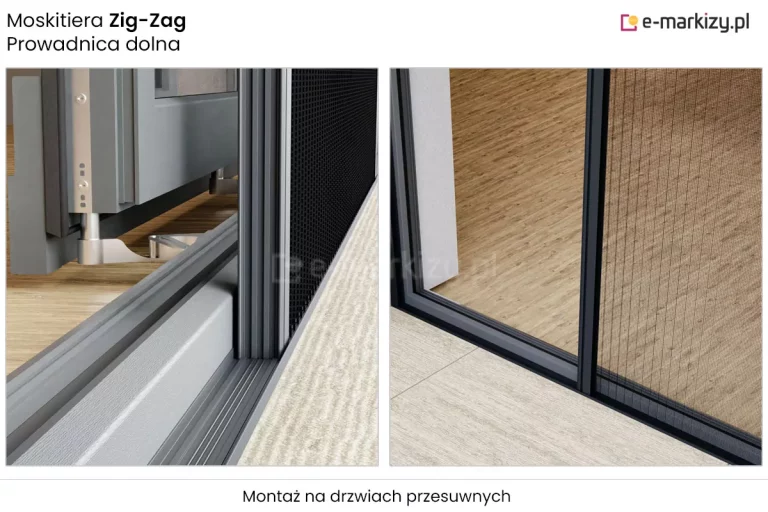 Zbliżenie w dwóch ujęciach pod różnym kątem, prowadnicy dolnej z systemem sznurkowym do moskitiery plisowanej Zig Zag w kolorze antracytowym, zamocowanej w pobliżu ramy okna o jasnoszarej barwie z uchylnym skrzydłem okiennym. Pod zdjęciami napis "montaż na drzwiach przesuwnych".