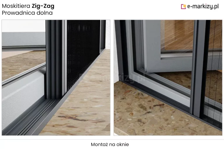 Zbliżenie w dwóch ujęciach dolnej prowadnicy moskitiery Zig Zag, w której umieszczony jest system sznurków do sterowania osłoną przeciw owadom, zamocowanej w pobliżu ramy uchylonego okna o białej ramie. Pod zdjęciami napis "montaż na oknie".