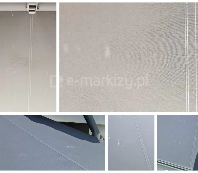 Szczegółowy widok techniczny przedstawia zestaw pięciu miniatur zdjęciowych o charakterze poglądowym, które dokumentują detale konstrukcyjne oraz strukturę materiałową szarej tkaniny roletowej stosowanej w systemach osłonowych. W lewym górnym rogu znajduje się pionowy kadr prezentujący mocowanie górnego profilu nośnego z widocznym metalowym elementem rolki podtrzymującej rurę nawojową markizy, od której w dół biegną dwa równoległe przeszycia technologiczne na gładkiej, jednolitej płaszczyźnie materiału. W prawym górnym rogu umieszczono zbliżenie o charakterze teksturalnym, ukazujące drobnosiatkową strukturę splotu szarej tkaniny akrylowej z delikatnie widocznymi, pionowymi liniami wzmacniającymi oraz rozproszonym światłem odbitym na powierzchni polimerowej powłoki. W dolnym rzędzie po lewej stronie widoczny jest ukośny kadr pokazujący fragment rozciągniętego arkusza markizy poddanego naprężeniu, z wyraźnym liniowym szwem łączącym bryty materiału oraz fragmentem ciemnego, metalowego ramienia stelaża konstrukcyjnego ramy nośnej. Środkowy dolny kadr skupia się na zbliżeniu pionowego połączenia szwowego na jasnoszarej powierzchni osłony, uwydatniając precyzję wykonania krawędzi i gęstą fakturę splotu włókien odpornych na czynniki atmosferyczne. Ostatni, prawy dolny kadr prezentuje dolną część rolety w sąsiedztwie listwy obciążającej lub krawędzi kasety, gdzie struktura materiału przechodzi w element napinający, a cała kompozycja zachowuje spójną, surową, techniczno-informacyjną estetykę dokumentującą parametry jakościowe i wykończeniowe osłony przeciwsłonecznej. Wszystkie obrazy ukazują charakterystyczne obtarcia, jakie mogą pojawić się na tkaninie markizowej, nie stanowiąc wady jakościowej materiału.