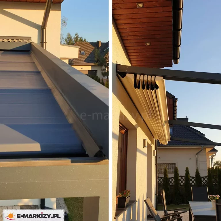 Zdjęcie prezentuje zestawienie dwóch ujęć detali technicznych pergoli aluminiowej Luxo, ukazujących system zadaszenia w różnych fazach złożenia. Po lewej stronie widoczne jest zbliżenie na rynnę odprowadzającą wodę oraz górną część poszycia w kolorze antracytowym, które jest całkowicie rozłożone i napięte, przylegając do profilu bocznego. Po prawej stronie przedstawiono widok boczny pergoli przyściennej z materiałem w kolorze kremowym, który jest w trakcie zwijania lub rozwijania. Tkanina układa się w charakterystyczne, głębokie fałdy rzymskie zawieszone pod prowadnicami, co obrazuje mechanizm działania dachu segmentowego. Konstrukcja nośna w kolorze ciemnoszarym jest zamontowana do jasnej elewacji budynku, pod podbitką dachową. W tle prawego ujęcia widoczny jest fragment ogrodu z meblami tarasowymi oraz sąsiednie zabudowania jednorodzinne w świetle zachodzącego słońca.