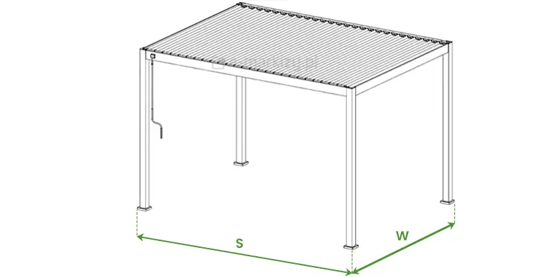Pergola lamelowa wolnostojąca Gloria - pomiar szerokości i wysięgu ukazany na schematycznym rysunku pergoli na białym tle. Pośrodku, pod pergolą, od skrajów mocowań podpór do podłoża poprowadzono przerywane linie, pomiędzy którymi umieszczono zieloną dwukierunkową strzałkę, a nad nią symbol S. Po prawej stronie pergoli, od skraju mocowań podpór do podłoża poprowadzono w dół przerywane linie, pomiędzy którymi umieszczono zieloną dwukierunkową strzałkę, a nad nią symbol W.