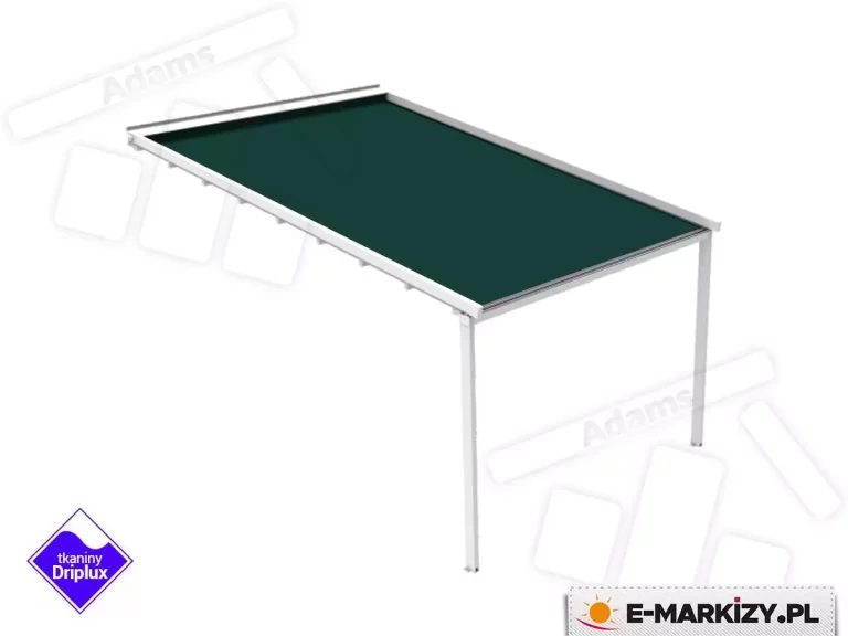 Wizualizacja nowoczesnej pergoli tarasowej Luxo z rozsuwanym zadaszeniem tkaninowym przedstawiona na czystym, białym tle. Konstrukcja o minimalistycznym designie wykonana jest z profili aluminiowych lakierowanych na kolor biały, składająca się z ramy montowanej do elewacji oraz dwóch pionowych słupów podporowych o kwadratowym przekroju. Zadaszenie stanowi jednolite poszycie z tkaniny w kolorze ciemnozielonym (butelkowa zieleń), która w tej konfiguracji jest w pełni i gładko rozpięta na systemie prowadnic bocznych. Produkt charakteryzuje się lekką wizualnie formą oraz precyzyjnym wykończeniem krawędzi, co jest typowe dla nowoczesnych systemów osłonowych przeznaczonych na tarasy i balkony. W lewym dolnym rogu widoczny jest piktogram informujący o zastosowaniu specjalistycznej tkaniny Driplux, charakteryzującej się wysoką odpornością na wodę.