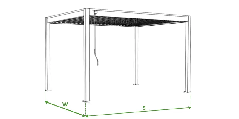 Grafika Pergola Marlo Wolnostojąca Pomiar przedstawia schemat techniczny wolnostojącej pergoli lamelowej Marlo, przygotowany jako instrukcja pomiaru szerokości i wysięgu konstrukcji. Rysunek liniowy ukazuje produkt w rzucie aksonometrycznym, wsparty na czterech pionowych słupach z dachem wypełnionym ruchomymi lamelami. Na schemacie naniesiono zielone linie pomocnicze z grotami strzałek oraz oznaczenia literowe: litera „S” określa całkowitą szerokość frontową pergoli mierzoną między zewnętrznymi krawędziami słupów, natomiast litera „W” definiuje wysięg, czyli głębokość konstrukcji. Na przedniej belce poprzecznej zaznaczono lokalizację manualnego mechanizmu korbowego służącego do regulacji kąta nachylenia lameli. Całość opracowana jest w przejrzystej formie na białym tle, co ułatwia użytkownikowi prawidłowe zwymiarowanie miejsca planowanego montażu.