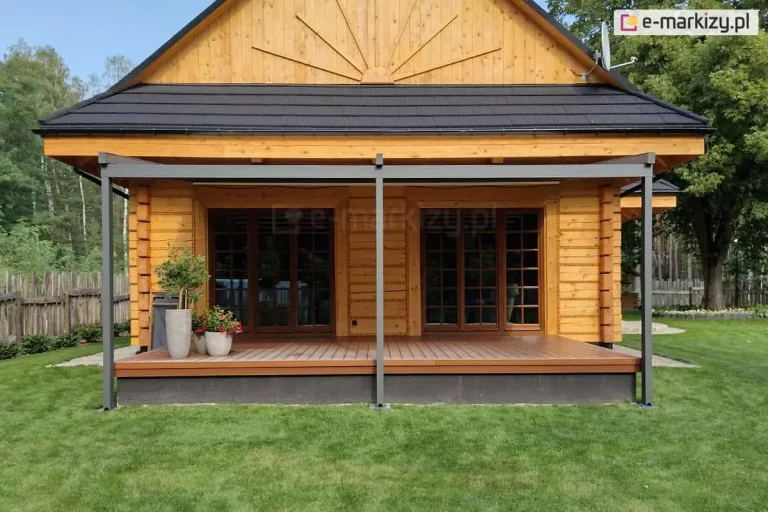 przyścienna pergola tarasowa square o ciemnoszarej, aluminiowej konstrukcji zamontowana przy klasycznym domu z bali drewnianych. Stelaż pergoli składa się z trzech pionowych słupów wspierających poziomą ramę zadaszenia, która znajduje się bezpośrednio pod okapem dachu budynku. Taras został wykonany z brązowych desek kompozytowych lub drewna i osadzony na podwyższonej podmurówce w kolorze ciemnoszarym. Elewacja domu wykonana jest z jasnych, poziomych bali, a szczyt dachu zdobi dekoracyjny układ desek przypominający promienie słońca. Na tarasie, po lewej stronie, ustawione są trzy donice o różnych rozmiarach w kolorze jasnoszarym, w których posadzono zielone rośliny oraz czerwone kwiaty. W tle widoczne są duże, dwuskrzydłowe drzwi tarasowe ze szprosami w ciemnej oprawie, które odbijają otoczenie. Dom otacza zadbany, zielony trawnik, a w oddali widoczne jest drewniane ogrodzenie oraz gęsta ściana drzew liściastych i iglastych. Po prawej stronie dachu zamontowana jest biała antena satelitarna, a cała scena oświetlona jest naturalnym światłem dziennym przy bezchmurnym niebie.