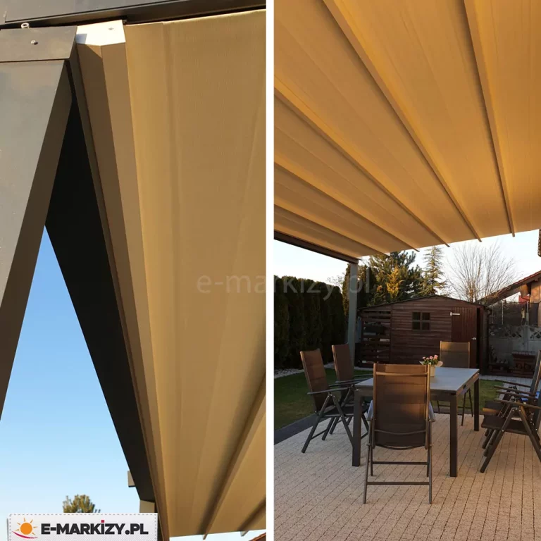 Fotografia typu kolaż prezentuje dwa ujęcia nowoczesnego systemu zadaszenia tarasowego typu pergola z ruchomym poszyciem materiałowym - model Luxo, Tarasola Simple. Po lewej stronie znajduje się zbliżenie na detal konstrukcyjny, ukazujące sposób mocowania prowadnicy oraz krawędź rozwiniętego zadaszenia, wykonanego z wytrzymałej tkaniny w jasnobeżowym, ciepłym odcieniu. Wyraźnie widoczne jest wykończenie ramy wykonanej z ciemnoszarego aluminium, które tworzy estetyczny kontrast z jasnym materiałem dachu. Prawa część zdjęcia to szeroki plan przedstawiający tę samą pergolę w codziennym użytkowaniu na przydomowym tarasie. Zadaszenie jest w pełni rozłożone, tworząc zacienioną strefę relaksu nad kompletem mebli ogrodowych, na który składa się stół z krzesłami ustawiony na wybrukowanej powierzchni. W tle widać wypielęgnowany ogród z drzewami iglastymi oraz drewniany domek narzędziowy, co pozwala ocenić skalę pergoli i jej funkcjonalność w zagospodarowaniu przestrzeni zewnętrznej. Zdjęcie wykonane w świetle popołudniowego słońca podkreśla relaksujący charakter miejsca oraz płynną teksturę materiału, która tworzy charakterystyczne, delikatne fałdy wzdłuż prowadnic systemu zadaszenia.