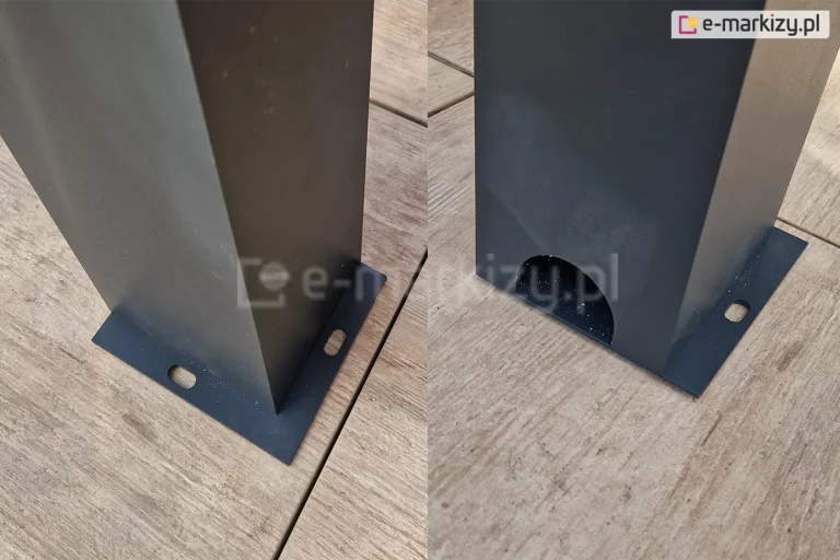 Zestawienie dwóch ujęć podpory zadaszenia Modes ustawionej na płytce gresowej z drewnopodobnym wzorem. Po lewej widoczny tył i bok podpory oraz mocowania stopy do podłoża. Po prawej widoczny front podpory z charakterystycznym otworem odpływu rynny.