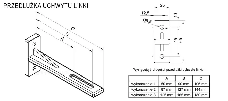 Przedłużka uchwytu linki do żaluzji fasadowej C50L – element montażowy do regulacji prowadzenia linki, wykonany z wytrzymałych materiałów, gwarantujący trwałość i stabilność linek żaluzji zewnętrznych.
