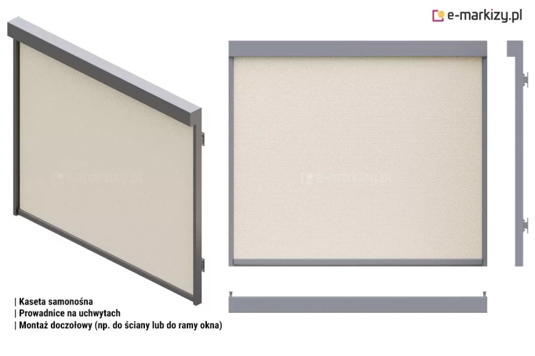Prezentacja refleksola Ziiip 120 w kilku ujęciach. Po lewej ukazany pod kątem refleksol z całkowicie rozwiniętą beżową tkaniną i grafitową konstrukcją i widocznymi po prawej stronie prowadnic dwoma uchwytami do ściany. Poniżej napisy "Kaseta samonośna", "prowadnice na uchwytach", "montaż doczołowy (np. do ściany lub do ramy okna)". Po prawej stronie ukazano przy rzuty refleksola: na wprost, poniżej rzut z góry a po prawej stronie rzut boczny. Pozwala to ukazać miejsce i wielkość uchwytów prowadnic względem całej rolety screen.