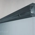Trójwymiarowa wizualizacja techniczna ukazująca wewnętrzny mechanizm sterujący systemu refleksol 85MA Aluprof w dużym przybliżeniu. Zdjęcie prezentuje przekrój boczny kasety o barwie ciemnego antracytu z matowym wykończeniem, w której boczna i frontowa ścianka zostały przedstawione jako półprzezroczyste, aby odsłonić detale konstrukcyjne. Wewnątrz obudowy widoczny jest mechanizm napędowy z kołem zębatym, przez które przewieszony jest srebrny łańcuszek kulkowy służący do ręcznej obsługi rolety. Łańcuszek zwisa pionowo w dół przez otwór w dolnej części kasety. Z mechanizmu wyprowadzona jest rura nawojowa, na którą nawinięta jest jasnoszara tkanina techniczna ekranu. Konstrukcja mechanizmu jest precyzyjnie dopasowana do kwadratowego profilu kasety, a boczny dekiel posiada widoczne otwory na śruby montażowe. Całość ukazana jest na neutralnym, jasnym tle, co podkreśla techniczny charakter detalu i precyzję wykonania elementów sterujących systemu refleksol 85MA.