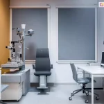 Nowoczesny gabinet medyczny wyposażony w stanowisko do diagnostyki okulistycznej z urządzeniem do badania oczu oraz ergonomicznym fotelem. Po prawej stronie znajduje się białe biurko z komputerem i krzesłem na kółkach. Na ścianie zawieszono wydruk fotograficzny przedstawiający zabytkowy budynek. Duże okna zasłonięte są wewnętrznymi roletami Refleksol 90 Selt, montowanymi w estetycznych, zaokrąglonych kasetach w kolorze białym. Tkanina o szarym odcieniu rozprasza światło dzienne, ograniczając olśnienie i poprawiając warunki pracy z komputerem i sprzętem medycznym.