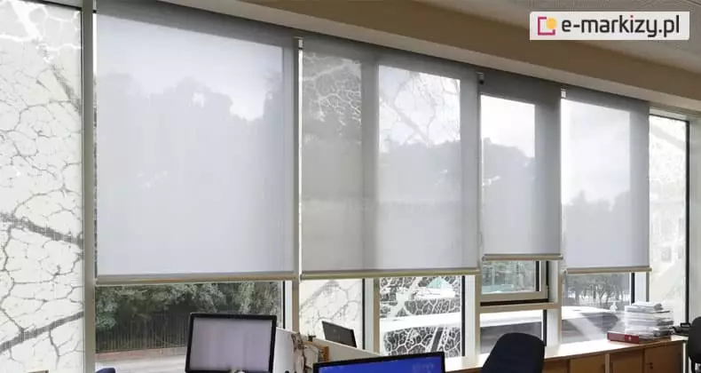 Szerokie ujęcie wnętrza biurowego z rzędem dużych okien, na których zamontowano cztery półtransparentne rolety materiałowe typu screen w kolorze jasnoszarym. Rolety są opuszczone do różnych wysokości, prezentując stopień przepuszczalności światła i widoczność drzew za oknem. W dolnej części kadru widoczne są stanowiska pracy z monitorami komputerowymi oraz drewniane szafki biurowe z ułożonymi dokumentami. Na szybach bocznych znajduje się ozdobna folia szroniona z motywem liści.