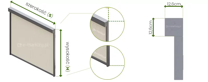 Schemat techniczny przedstawiający wymiary oraz konstrukcję zewnętrznej rolety tkaninowej typu refleksol Ziiip 120 w widoku aksonometrycznym oraz profilu bocznym. Główna część ilustracji po lewej stronie prezentuje kompletny system osłonowy z tkaniną w kolorze beżowym rozpiętą w aluminiowej ramie składającej się z górnej kasety oraz pionowych prowadnic bocznych. Szerokość systemu została oznaczona literą S, natomiast wysokość całkowita literą H, przy czym obie wartości mierzone są po zewnętrznych krawędziach konstrukcji. Środkowa część grafiki zawiera dwa powiększenia detali konstrukcyjnych w okręgach, które obrazują precyzyjne spasowanie tkaniny z kasetą oraz zakończenie prowadnicy bocznej. Prawa strona ryciny przedstawia przekrój boczny górnej kasety o kształcie kwadratowym, której wymiary zewnętrzne wynoszą dokładnie 12,6 cm wysokości oraz 12,6 cm głębokości. Całość utrzymana jest w stonowanej, technicznej kolorystyce szarości i zieleni, co ułatwia odczytanie parametrów montażowych osłony przeciwsłonecznej.