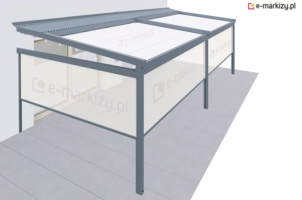 Pergola tarasowa dwumodułowa wyposażona w rolety typu refleksol zamontowane na frontowej oraz bocznej stronie konstrukcji. Wszystkie rolety posiadają nowoczesne kasety o kształcie kwadratowym, a prowadnice są przykręcane bezpośrednio do aluminiowej konstrukcji pergoli, zapewniając stabilność i estetyczne wykończenie. System ten doskonale sprawdza się jako ochrona przeciwsłoneczna i wiatrowa, idealna do zabudowy nowoczesnych przestrzeni tarasowych.