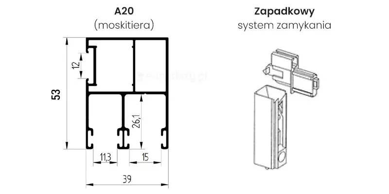Specjalna prowadnica aluminiowa do systemu: roleta zewnętrzna z moskitierą. Wyposażona w dwie powierzchnie bieżne oraz uszczelkę szczotkową, umożliwia jednoczesne prowadzenie pancerza rolety i moskitiery rolowanej, zapewniając skuteczne zabezpieczenie przed owadami. Na rysunku widoczne są szczegółowe wymiary techniczne profilu.