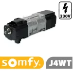 Silnik do żaluzji fasadowych markiz Somfy model J4WT. W prawym górnym rogu w prostokątnej ramce o zaokrąglonych rogach symbol błyskawicy i pod nią napis "230V", w dolnej części logo Somfy i umieszczony obok na szarym tle symbol modelu "J4WT".