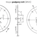 Schematy budowy oraz wymiarów stopy podpory do markiz Lux o średnicy 120 mm.