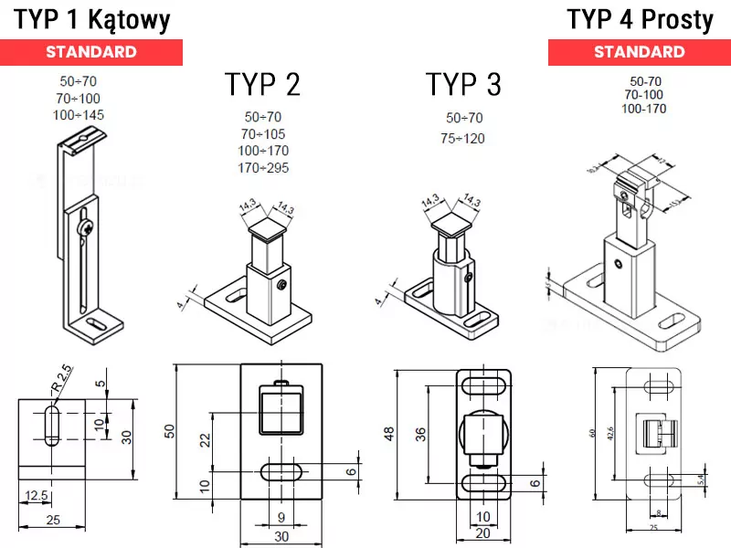 Rysunek techniczny przedstawiający specyfikację czterech różnych typów uchwytów montażowych do prowadnic żaluzji fasadowych C80, oznaczonych jako Typ 1 Kątowy, Typ 2, Typ 3 oraz Typ 4 Prosty. Każdy wariant został zilustrowany widokiem aksonometrycznym oraz rzutem płaskim z naniesionym szczegółowym wymiarowaniem w milimetrach. Typ 1 Kątowy to klasyczny wspornik w kształcie litery L z podłużnymi otworami regulacyjnymi, o szerokości podstawy 25 mm i wysokościach montażowych w zakresach od 50 do 145 mm. Typ 2 oraz Typ 3 to uchwyty o budowie teleskopowej z prostokątną lub owalną stopą montażową o wymiarach odpowiednio 30 mm i 20 mm szerokości, wyposażone w trzpień o przekroju 14,3 mm na 14,3 mm. Typ 4 Prosty charakteryzuje się masywniejszą stopą o długości 60 mm z dwoma otworami fasolkowymi oraz pionowym elementem nośnym z blokadą imbusową. Nad rysunkami znajdują się zestawienia dostępnych długości wysięgu dla poszczególnych modeli, obejmujące zakresy od 50 mm aż do 295 mm w zależności od wybranego typu. Całość dokumentacji wykonana jest w formie czarno-białego schematu inżynierskiego z czerwonymi akcentami przy nagłówkach „STANDARD”, co ułatwia dobór odpowiedniego dystansu prowadnicy od lica elewacji.
