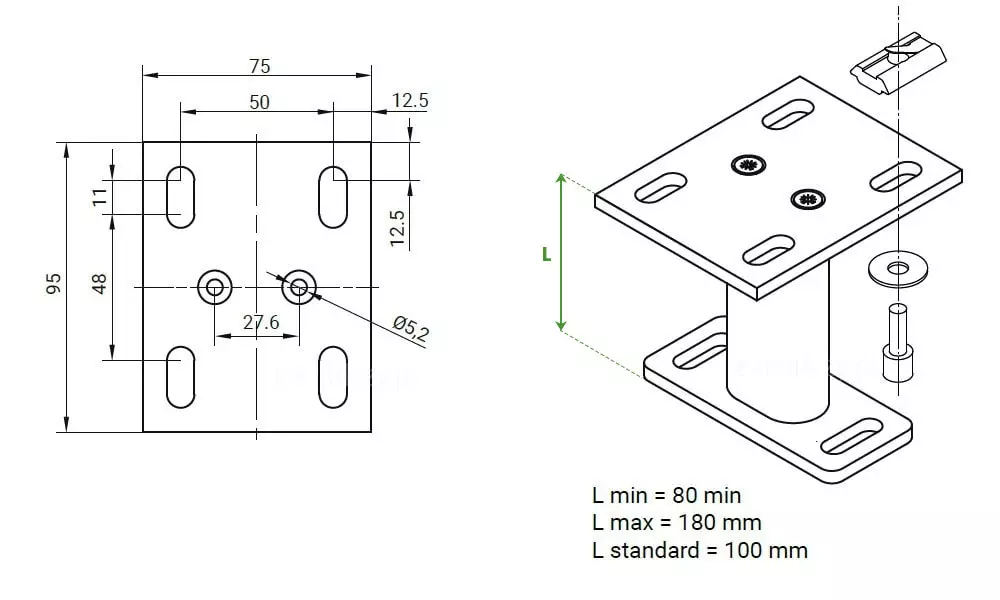 Rysunek techniczny przedstawia szczegółowe wymiary oraz budowę systemu wspornika montażowego dedykowanego do instalacji osłon przeciwsłonecznych typu Veranda. Po lewej stronie grafiki znajduje się rzut z góry podstawy montażowej o wymiarach zewnętrznych 95 mm na 75 mm, na której zaznaczono rozmieszczenie otworów montażowych, w tym cztery podłużne otwory o rozstawie 50 mm na 48 mm oraz dwa centralne otwory o średnicy 5,2 mm i rozstawie 27,6 mm. Po prawej stronie zaprezentowano widok izometryczny całego zestawu montażowego, składającego się z podstawy, tulei dystansowej oraz górnej płyty montażowej z elementami złącznymi. Schemat definiuje również zakres regulacji wysokości wspornika, oznaczonej symbolem L: wartość minimalna wynosi 80 mm, wartość maksymalna to 180 mm, natomiast ustawienie standardowe wynosi 100 mm. Dokumentacja ta umożliwia precyzyjne przygotowanie konstrukcji nośnej do montażu systemu, gwarantując właściwe dopasowanie wysokości instalacji osłony.