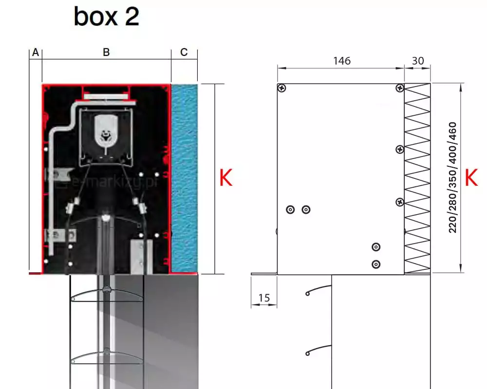 Rysunek techniczny przedstawiający szczegółowe wymiary i schemat konstrukcyjny kasety podtynkowej w systemie box 2 dla żaluzji fasadowych C80. Po lewej stronie znajduje się przekrój poprzeczny kasety w kolorze czarnym z zaznaczonymi czerwoną linią krawędziami zewnętrznymi, ukazujący wewnętrzny mechanizm żaluzji oraz sposób przylegania do warstwy izolacyjnej budynku oznaczonej kolorem niebieskim. Schemat ten zawiera oznaczenia literowe A, B i C dla szerokości poszczególnych sekcji oraz czerwoną literę K symbolizującą wysokość całkowitą osłony. Prawa część grafiki to rzut boczny kasety z naniesionymi wymiarami w milimetrach, gdzie szerokość głównej części wynosi 146 mm, szerokość elementu dystansowego z tyłu to 30 mm, a dolna wypustka montażowa ma 15 mm długości. Pionowa podziałka wskazuje dostępne wysokości systemowe kasety (K): 220, 280, 350, 400 oraz 460 mm. Na rysunku widoczne są również punkty montażowe w postaci śrub oraz schematyczne przedstawienie lamelek żaluzji wychodzących z dolnej części obudowy. Całość przygotowano w profesjonalnej formie dokumentacji projektowej na białym tle, co pozwala na precyzyjne zaplanowanie zabudowy podtynkowej.